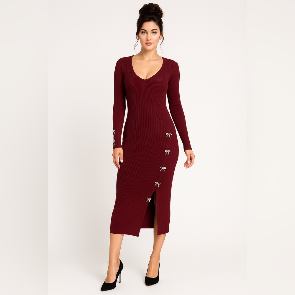 Rosie Harlow Women’s Rhinestone Bows Long Sleeve Midi Sweater Dress.